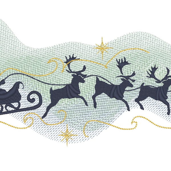 Joyeux Noël polaire nuit lueur ciel Père Noël en traîneau avec des cerfs pour cerceaux 4 x 4 5 x 7, 6 x 10 et 8 x 12 motifs de broderie famille drapeau jardin