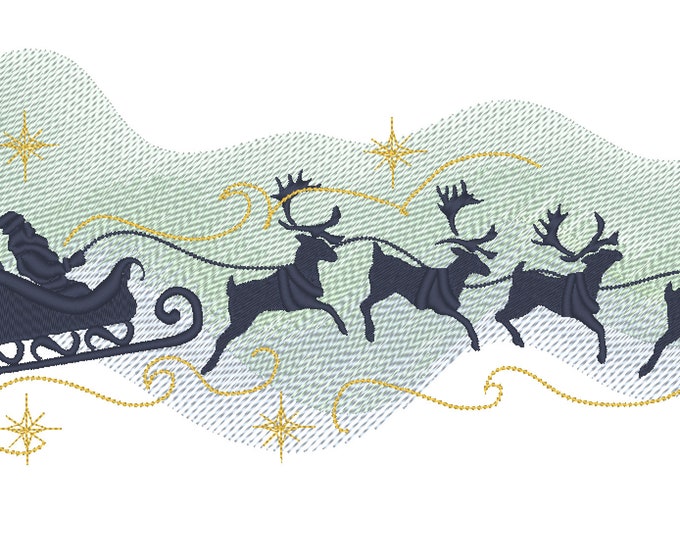 Merry Christmas Polar Night glow sky Santa Sleigh with Deer for hoops 4x4 5x7, 6x10 and 8x12 Banner Garden flag family embroidery designs