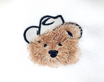 Fringed fluffy Teddy Bear Dan with Cowboy Hat kids baby fur chenille fringe machine embroidery designs assorted mini sizes 2, 2.5, and 3in