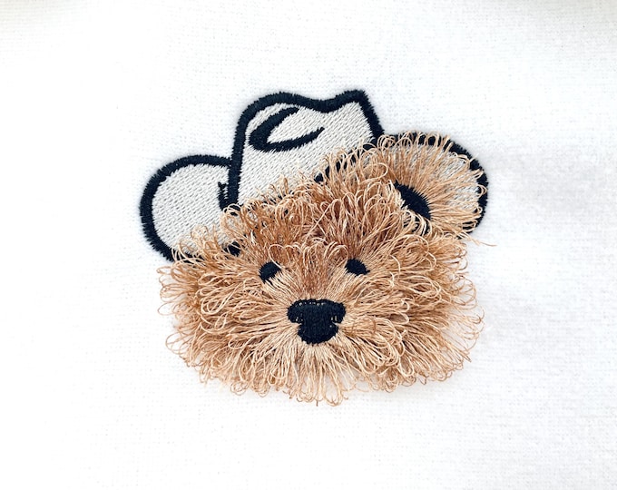 Fringed fluffy Teddy Bear Dan with Cowboy Hat kids baby fur chenille fringe machine embroidery designs assorted mini sizes 2, 2.5, and 3in