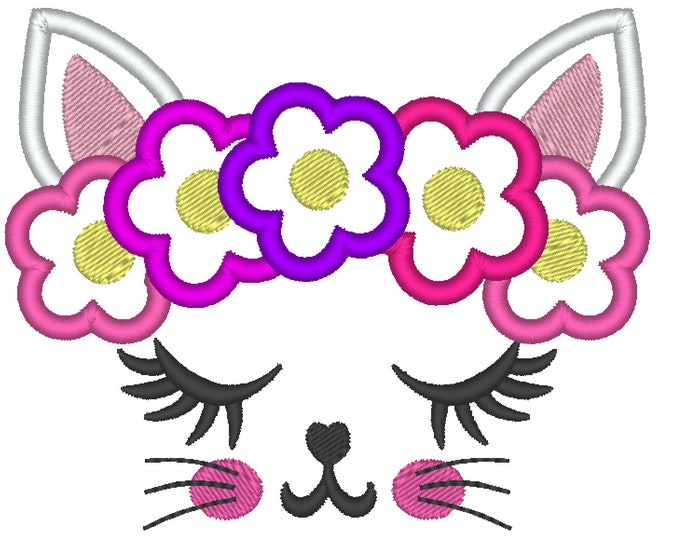 Simply Kitty face with shabby chick roses crown applique machine embroidery applique embroidery design cat head kitty