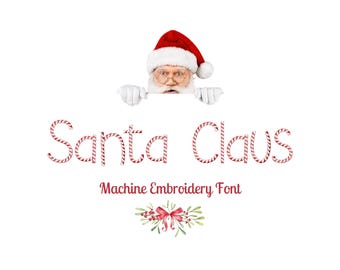 Könnte beinhalten: Maschinenstickerei-Schriftart "Santa Claus" mit Buchstaben in Form von Zuckerstangen. Die Schriftart ist rot und weiß und sagt "Santa Claus" mit den Worten "Machine Embroidery Font" darunter.