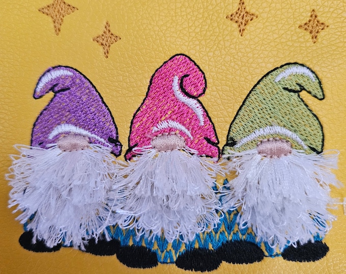 Christmas Gnome three 3 in a row fringed beard and knit sweater machine embroidery designs Fringed Fluffy Christmas Gnomes Sweatshirt design