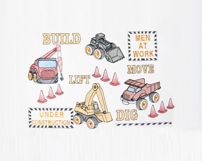 Builder equipment Cat Tractor Digger sketch light stitch machine embroidery designs for hoop 4x4, 5x7, 6x10 kids boy construction vehicle
