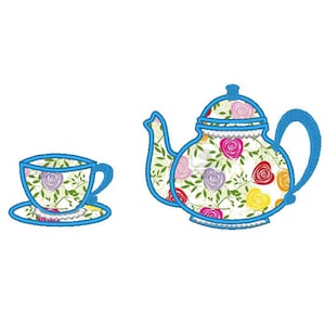 Tea cup and teapot single files set - machine embroidery applique designs for hoop 4x4, 5x7 INSTANT DOWNLOAD