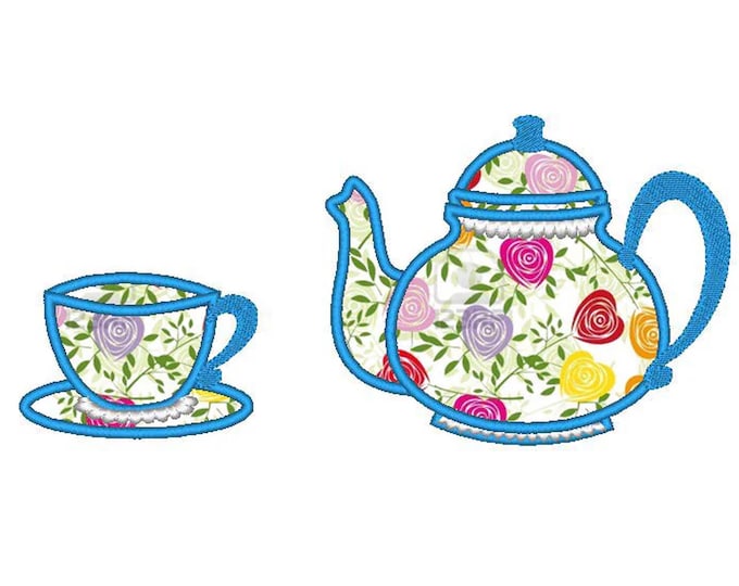 Tea cup and teapot single files set - machine embroidery applique designs for hoop 4x4, 5x7 INSTANT DOWNLOAD