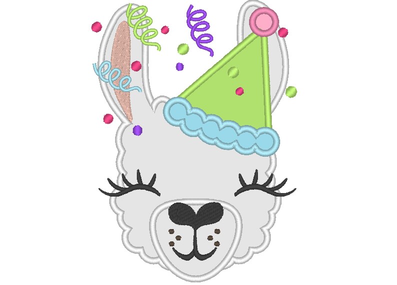 May include: A white llama face with a party hat, eyelashes, and confetti. The llama wears a green party hat with a blue scalloped brim and a pink top. Colorful confetti and curly ribbons surround the llama's head.