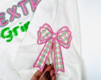 New Gingham Checked plaid Side seam Bow machine embroidery designs Sweatshirt trendy Christmas decoration split seam 5, 6, 7 and 8 inches