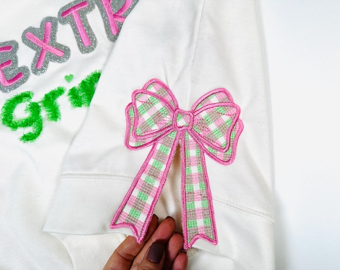 New Gingham Checked plaid Side seam Bow machine embroidery designs Sweatshirt trendy Christmas decoration split seam 5, 6, 7 and 8 inches