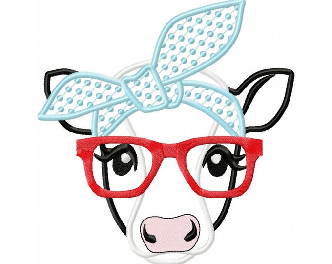 Cow face, cow head, cow with bandanna and glasses, Farm animal cow stylish applique, cowhandkerchief applique machine embroidery designs