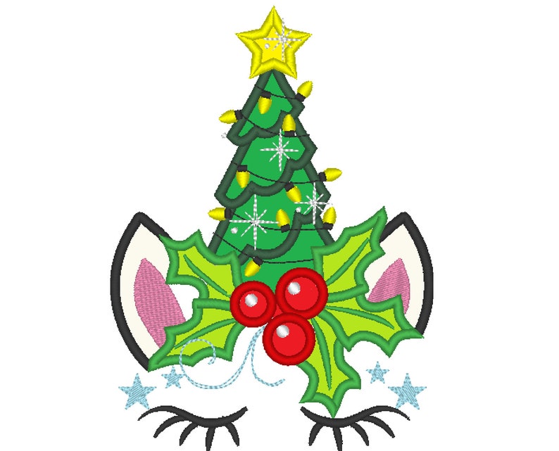 May include: A white unicorn face with closed eyes and eyelashes. The unicorn has a green Christmas tree with yellow lights and a gold star on top, and holly with red berries on the sides.