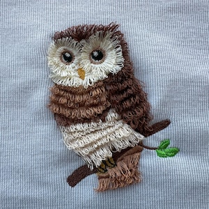 May include: Embroidered brown and white owl perched on a branch with green leaves. The owl has large, round eyes and a detailed, fluffy texture.