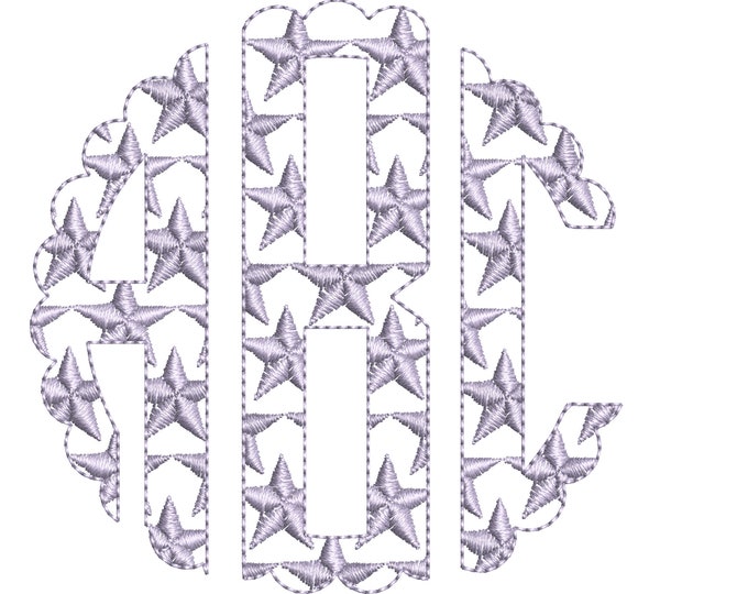 Starry Independence 4th July Scalloped striped Circle Monogram FONT machine embroidery designs, classic three letter round monogram BX inc