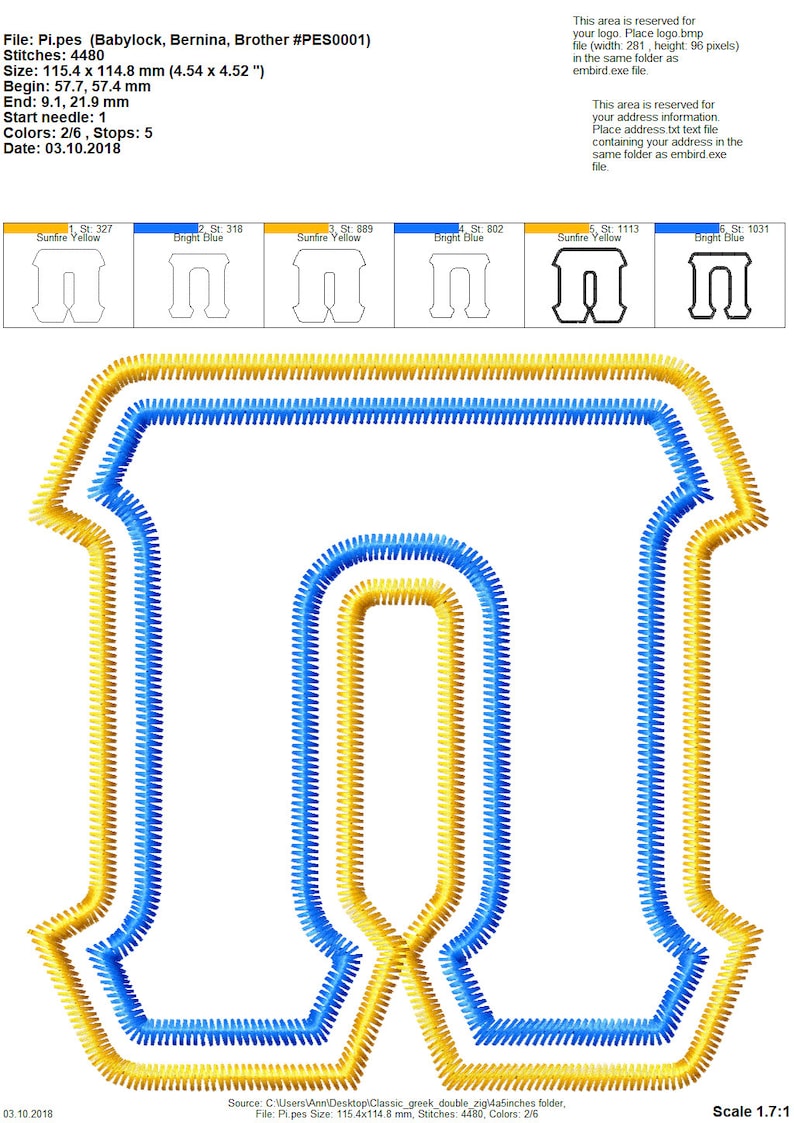 Puede incluir: Un dise&ntilde;o de bordado digital de la letra "I" en una fuente audaz y de bloque. El dise&ntilde;o est&aacute; delineado con hilo amarillo y azul, creando un efecto tridimensional. El dise&ntilde;o mide aproximadamente 11,5 cm por 11,5 cm.