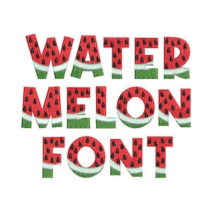 Estampado sandía fuente Tutti Frutti verano sandía alfabeto letras monograma máquina bordado diseños fresco divertido soleado fruta baya