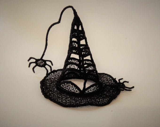 Witch Lace Hat with little spiders FSL, Free standing embroidery design  4x4  Used with water soluble stabilizer