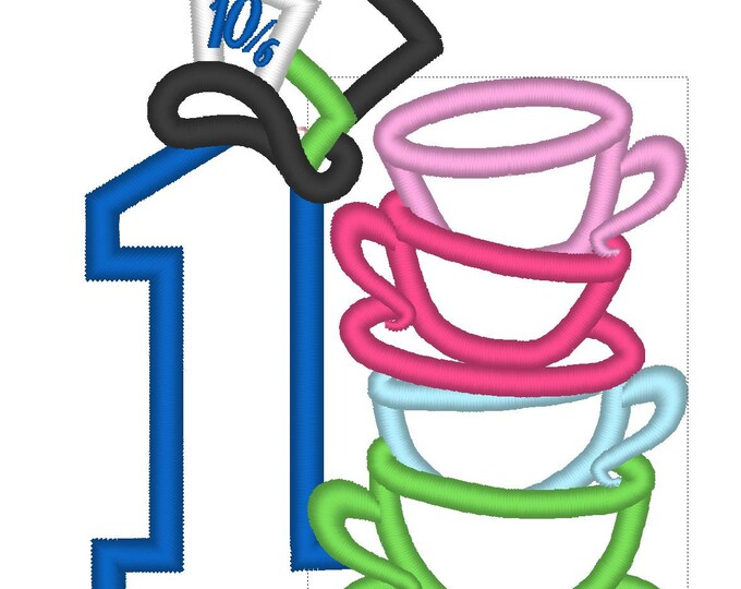 Mad Hatter Tea Party Number ONE only, INSTANT DOWNLOAD - machine embroidery applique designs - 4x4 and 5x7