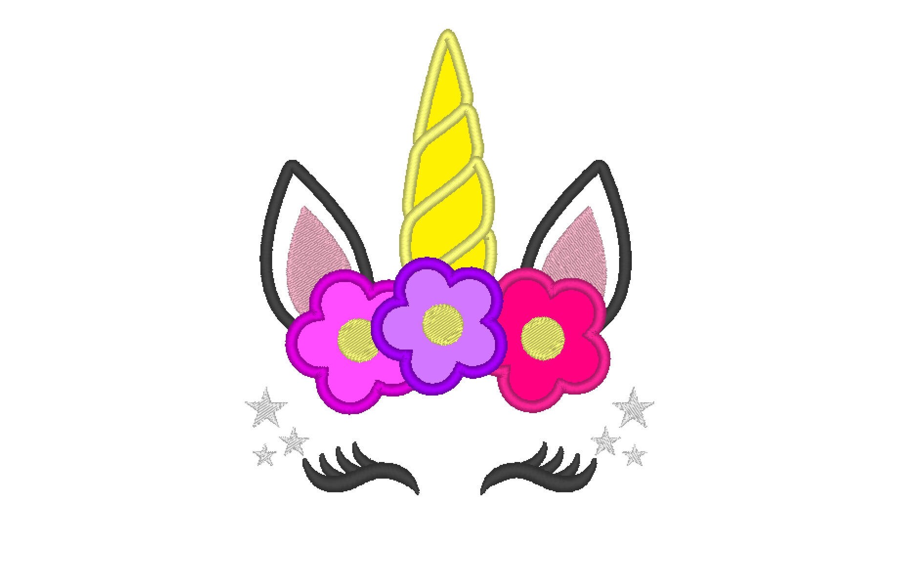 Unicorn head with floral crown applique - machine embroidery designs