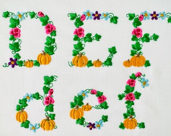 Pumpkin Floral Font Thanksgiving alphabet uppercase lowercase letters monogram flowers font machine embroidery designs BX small mini floral