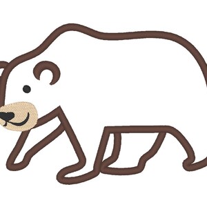 May include: A brown line drawing of a white bear walking. The bear has a brown nose and small black eyes.