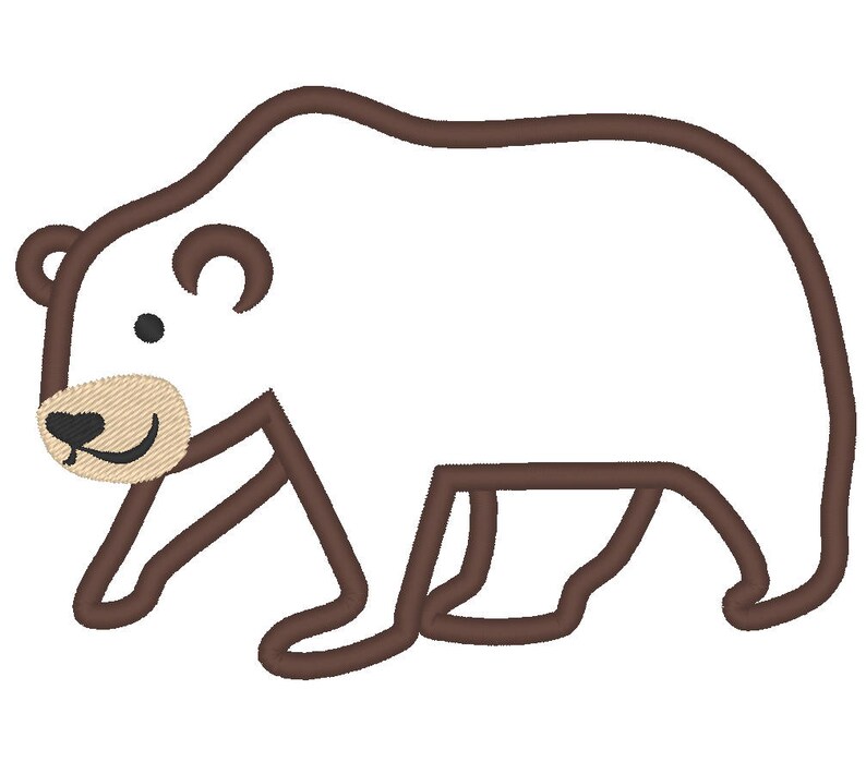 May include: A brown line drawing of a white bear walking. The bear has a brown nose and small black eyes.