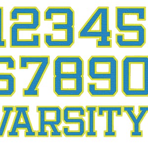 May include: A set of blue and yellow varsity numbers and the word "VARSITY" in a blue and yellow font.