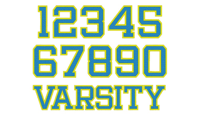 May include: A set of blue and yellow varsity numbers and the word "VARSITY" in a blue and yellow font.