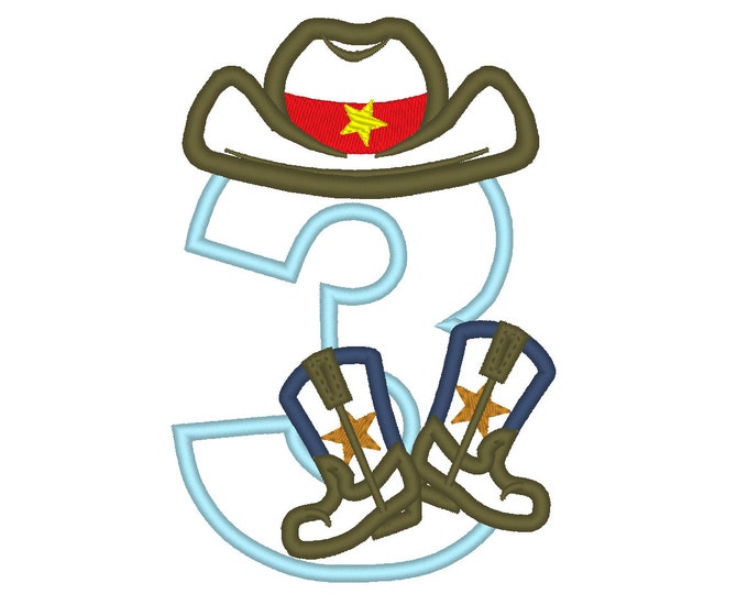 Cowboy Birthday number THREE 3 kicking boots number 3 machine embroidery applique designs for hoop 5x7 sizes 5 and 6 inches INSTANT DOWNLOAD