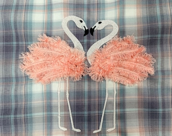 Fringed feathers 2 Flamingos two fluffy Flamingo couple machine embroidery designs for hoop 5x7  6x10 fur fringe in the hoop ITH pink bird