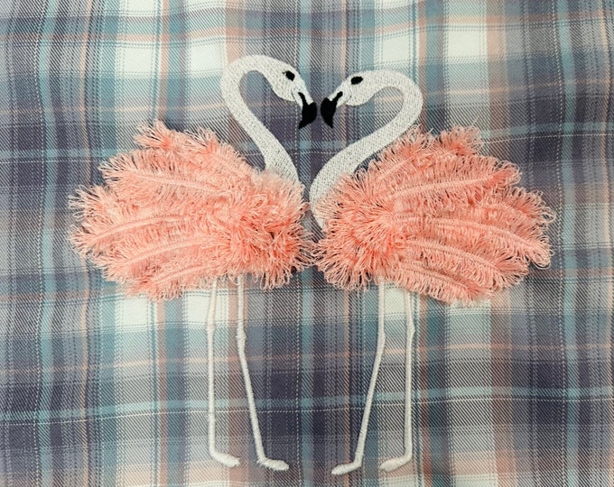 Fringed feathers 2 Flamingos two fluffy Flamingo couple machine embroidery designs for hoop 5x7  6x10 fur fringe in the hoop ITH pink bird