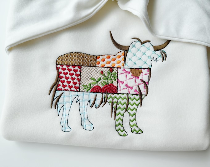 Patchwork Highland Cow patterned Cow silhouette machine embroidery designs sizes 5 up to 8.5 inch farm kitchen pillow for hoop 5x7 6x10 8x12