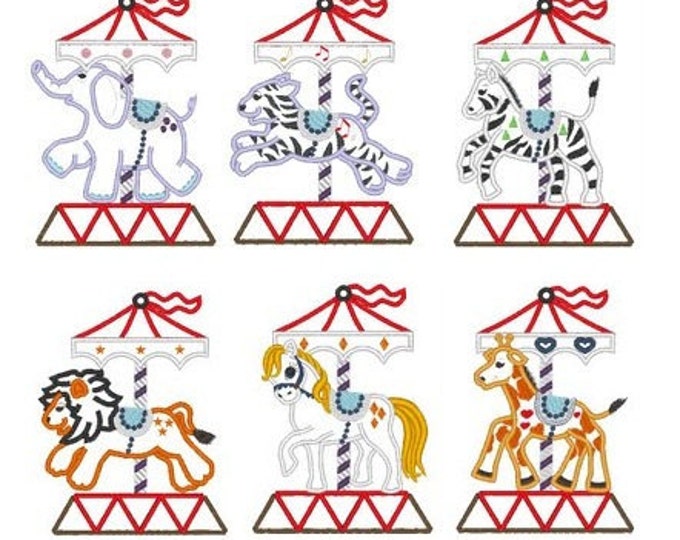 Carousel - 6 items, elephant, giraffe, horse, tiger, lion, zebra - machine embroidery applique designs 5x7 and 6x10 INSTANT DOWNLOAD
