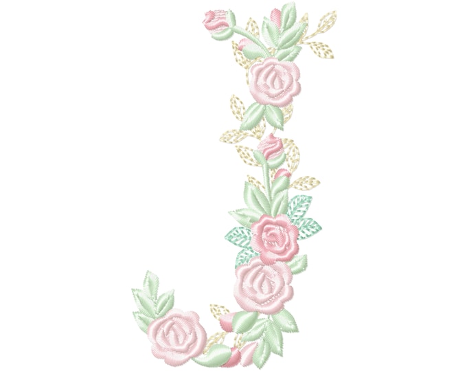 Delicate Roses Floral letter J garden flag monogram flowers flower flowered Font machine embroidery designs 3.5, 4, 5, 6, 7, 8 in