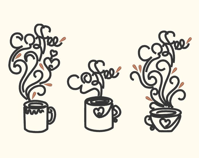 Coffee mug cup outline Set of 3 types machine embroidery designs quick and awesome kitchen dish towel napkin design for coffee lovers