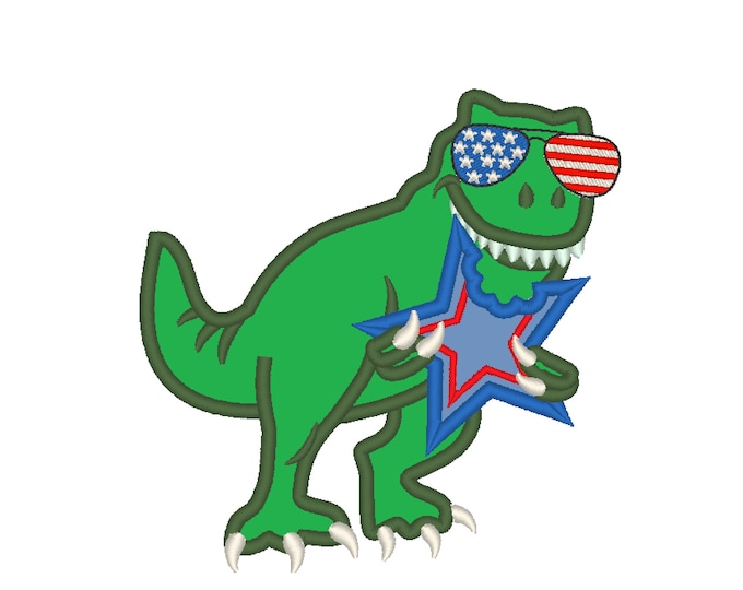 4th of July T-rex in aviator glasses Trex with bitten star patriotic dinosaur machine applique designs assorted sizes 4x4, 5x7, 6x10, 8x12