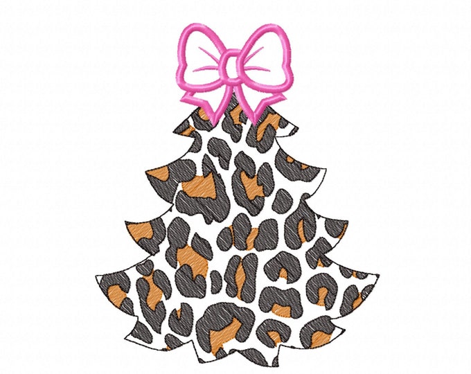 Leopard print with bow Christmas tree animal print Woodland Tree Applique light stitch outline machine embroidery designs in assorted sizes