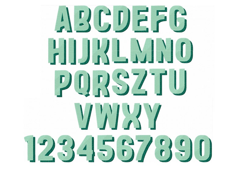 May include: A vintage-style alphabet and number set in a light green color with a 3D effect. The letters and numbers have a textured, slightly rough surface.