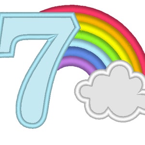 Rainbow in cloud Birthday Number 7 SEVEN machine embroidery applique designs assorted sizes, kids children kinder seventh birthday party