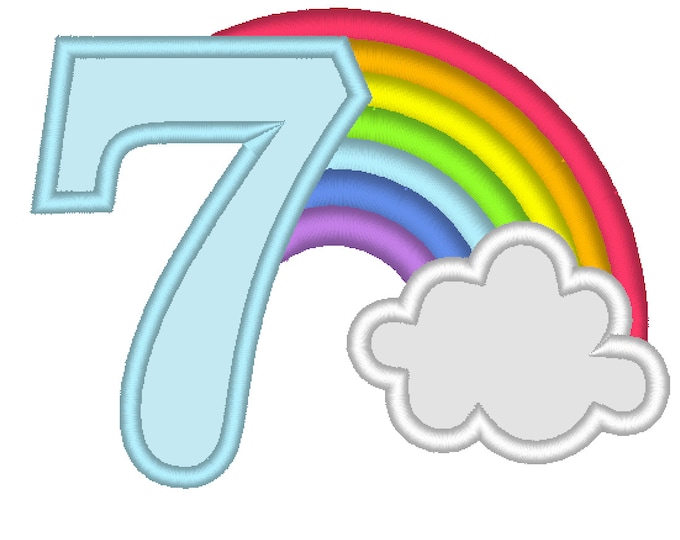 Rainbow in cloud Birthday Number 7 SEVEN machine embroidery applique designs assorted sizes, kids children kinder seventh birthday party