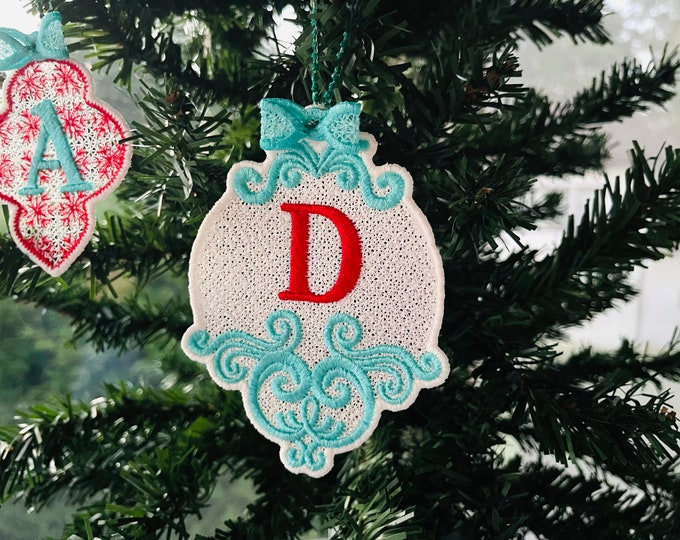 Christmas Alphabet monogram Ornaments and unique hanger bow ribbon FSL free standing lace SET Snowflake machine embroidery designs classic