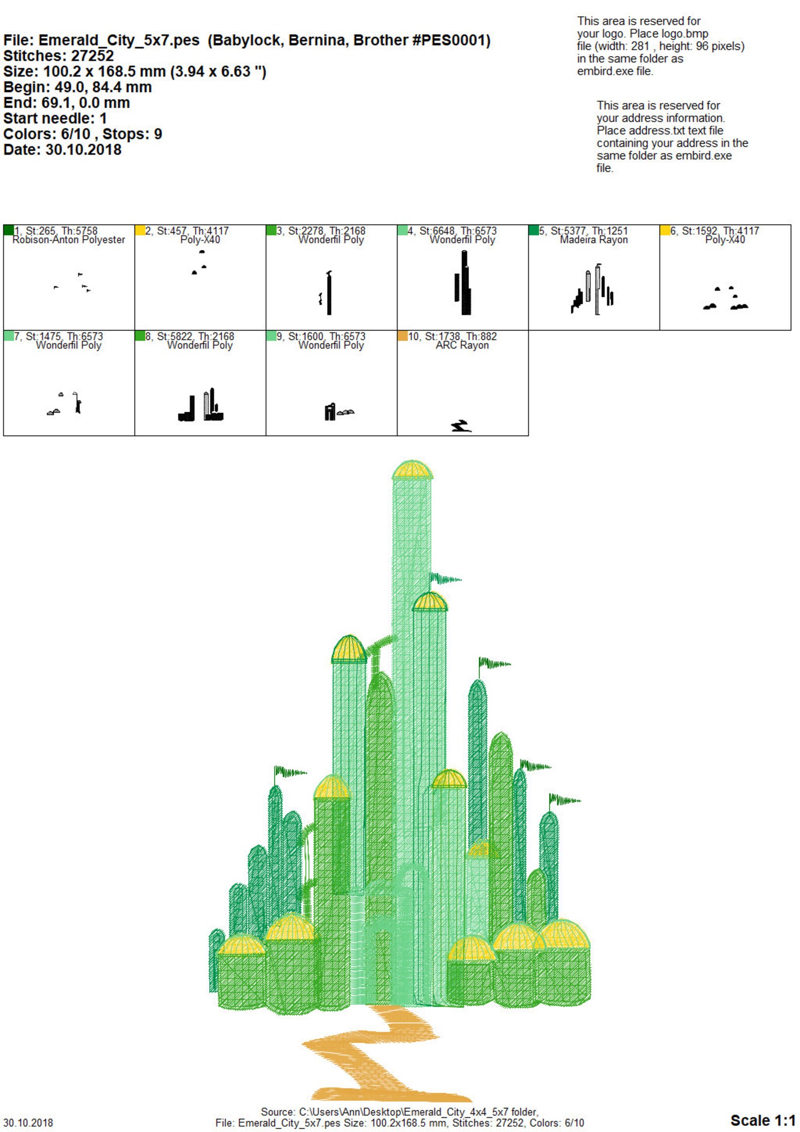 Emerald City - the Wonderful Wizard of Oz Fill Stitch Machine ...