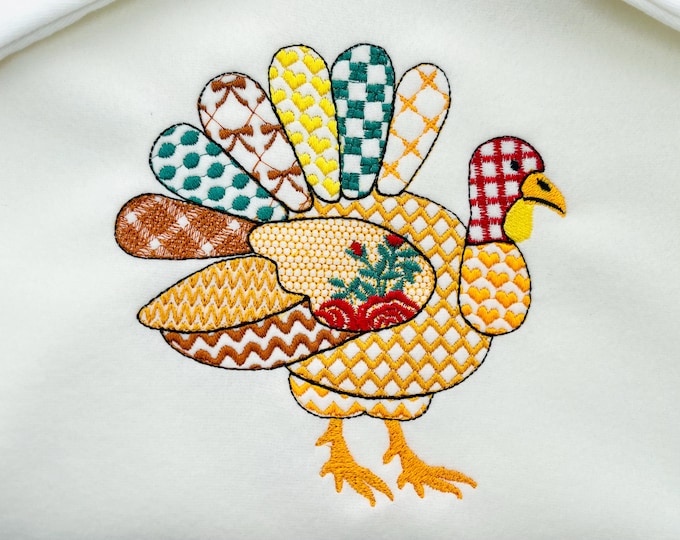 Patchwork Turkey Lola Fall Thanksgiving Turkey patterned outline machine embroidery designs sizes 4 up to 8 inch awesome kitchen farm design