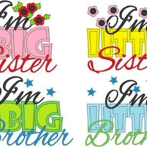 Little and Big Sister and Brother machine embroidery applique designs for hoop 4x4, 5x7 kids baby boy girl onesie T-shirt designs