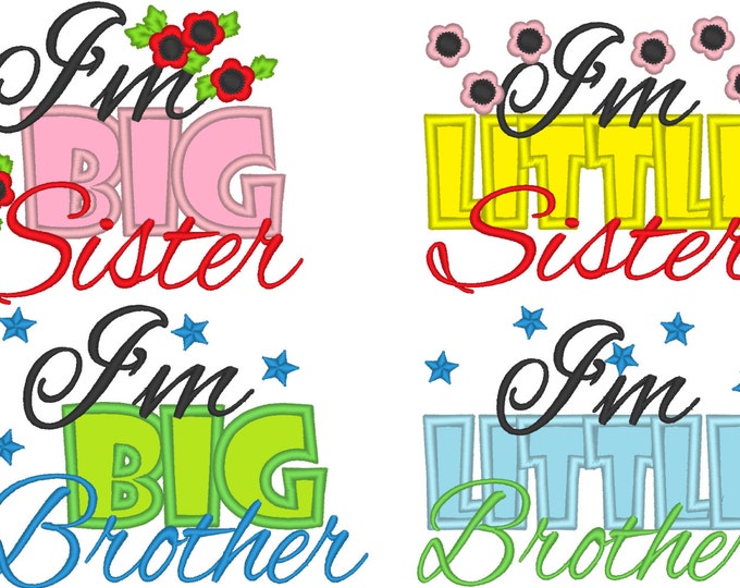 Little and Big Sister and Brother machine embroidery applique designs for hoop 4x4, 5x7 kids baby boy girl onesie T-shirt designs