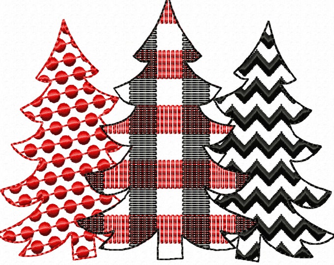 Plaid checked Polka dot Chevron Woodlands Tree Trio raggedy free edge Applique Triple Applique design 3 Christmas tree in a row embroidery