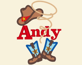 Cowboy Hat and Boots rodeo Rope Applique baby boy name and font included machine embroidery designs for hoop 4x4 and 5x7 kids name monogram