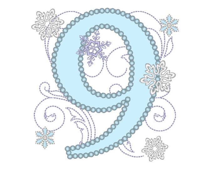 Frozen Swirls Birthday Number 9 with wide pearl stitch machine embroidery applique design for hoops 4x4, 5x7 INSTANT DOWNLOAD