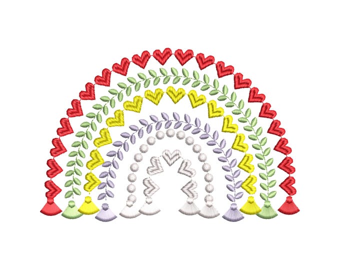 Heart Rainbow fringed tassels machine embroidery designs in assorted sizes girly pretty Heart Rainbow bottom tassels for hoop 4x4 and 5x7