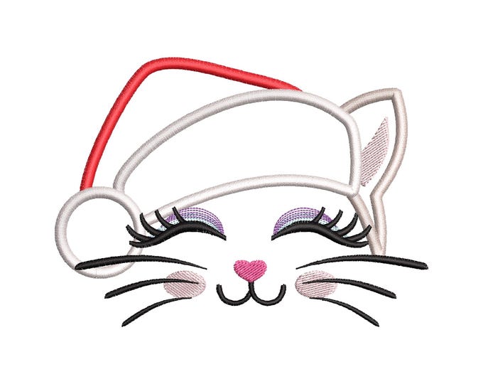 Christmas Kitty Cat Santa Hat pretty eyes Applique machine embroidery designs Cat face kids baby girls design sizes 4 up to 7 inch