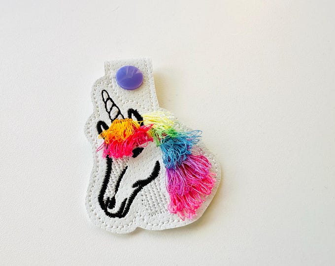 Rainbow Magic Unicorn Key Fob Snap Tab and Eyelet girls keychain in the hoop machine embroidery designs ITH project fringed fluffy fuzzy fur